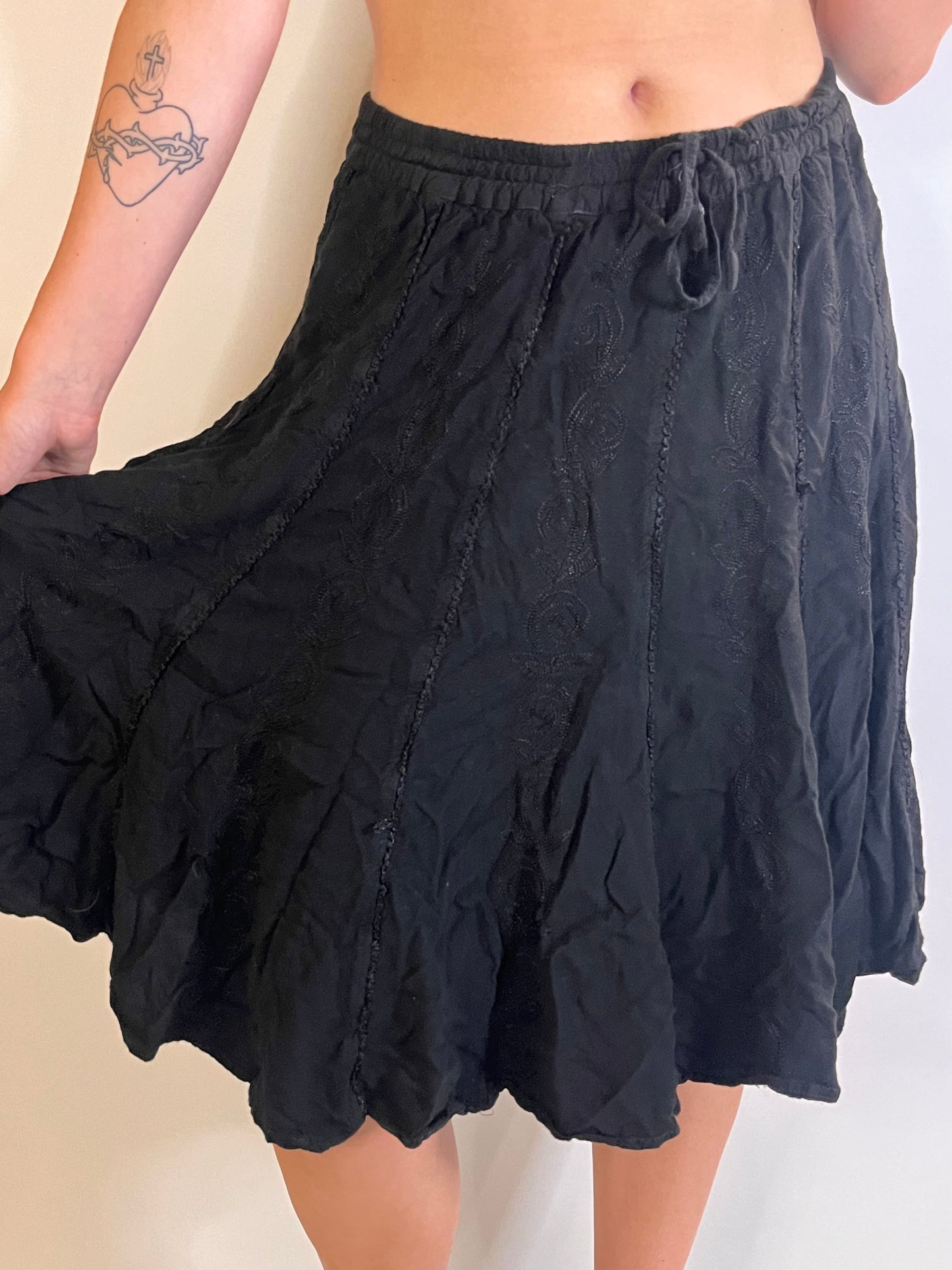 Black Drawstring Midi Skirt