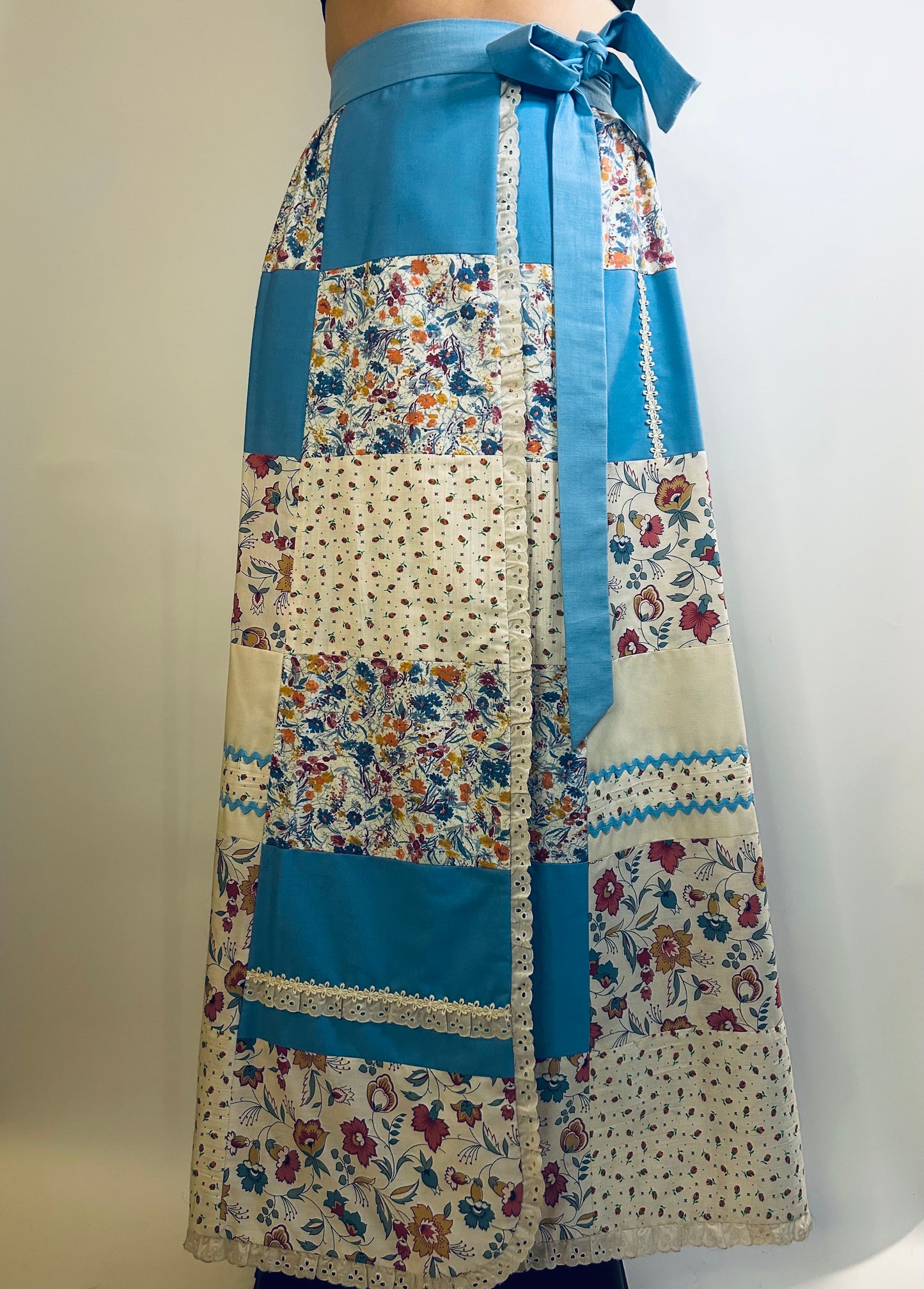 70's Blue Floral Quilted Wrap Maxi Skirt