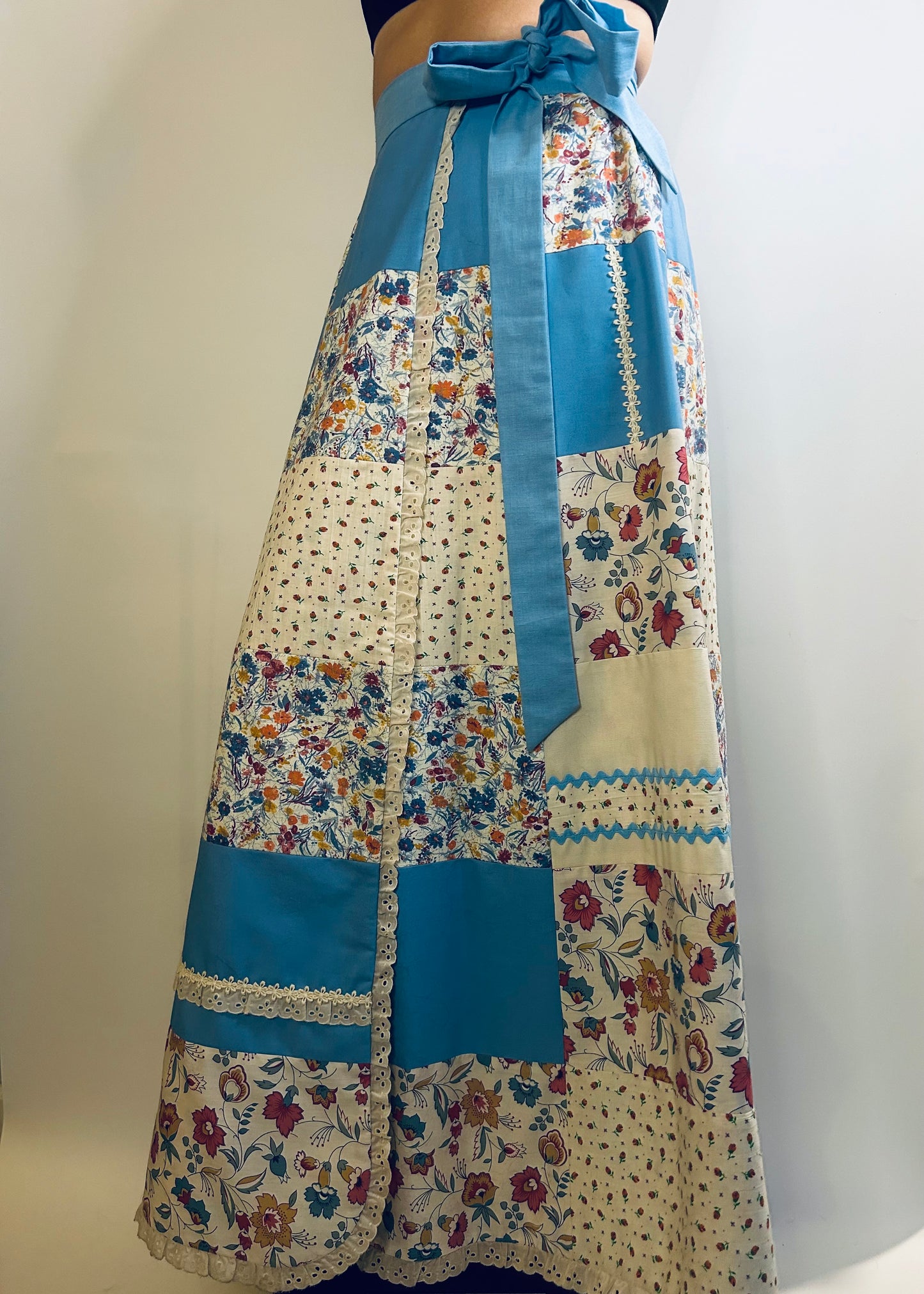 70's Blue Floral Quilted Wrap Maxi Skirt