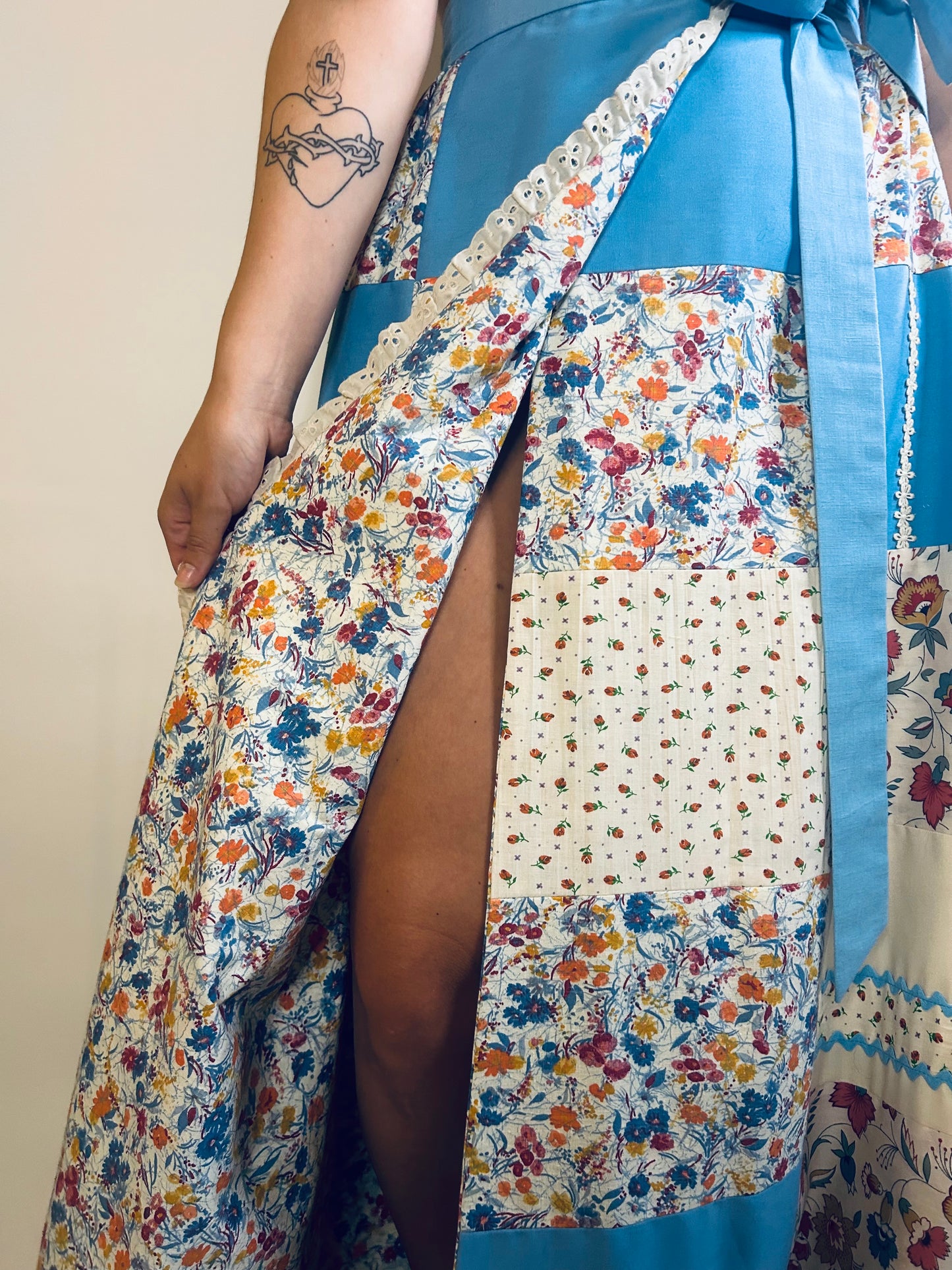 70's Blue Floral Quilted Wrap Maxi Skirt